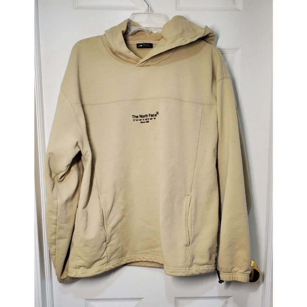 The North Face Hoodie Beige Tan Pullover Sweatshirt Mens Medium Graphic Back